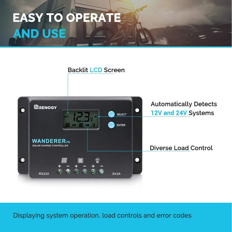 Renogy منظم شحن شمسي رينوجي 10A 12V/24V PWM بتصميم مدمج مع شاشة LCD لبطاريات الدورة العميقة المغلقة، الجل، والمغمورة، وندرر PG 10A، أسود - Image 3